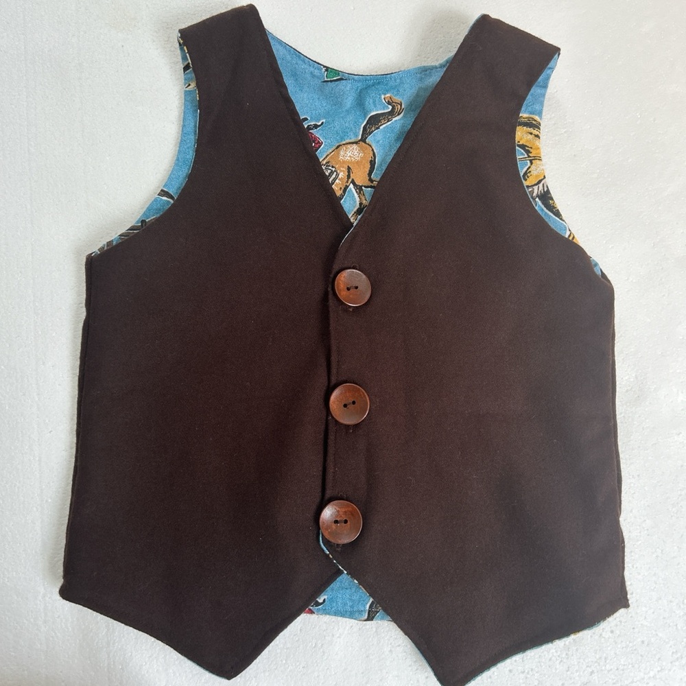 Boys handmade wool Brown vest with blue rodeo western cowboy  print lining